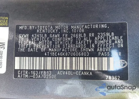 2007 Toyota Camry Le from USA, damaged, VIN 4T1BE46K87U606803